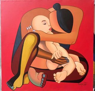 MOTHER AND CHILD RED 35x35 inches OIL ON CANVAS Painting with Wood Frame, Ready to Hang
