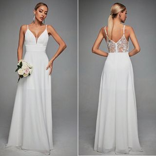 RUSH | Orig Price ₱2,206 | Shein Mgiacy | White Contrast Lace Backless Cami | Maxi Gown | June Bride | Civil Wedding | Bridesmaid | Bridal Shower | Maternity | Prenup Prenuptial Photoshoot | Evening Event Party Dress | Debut | Graduation | Beach Intimate