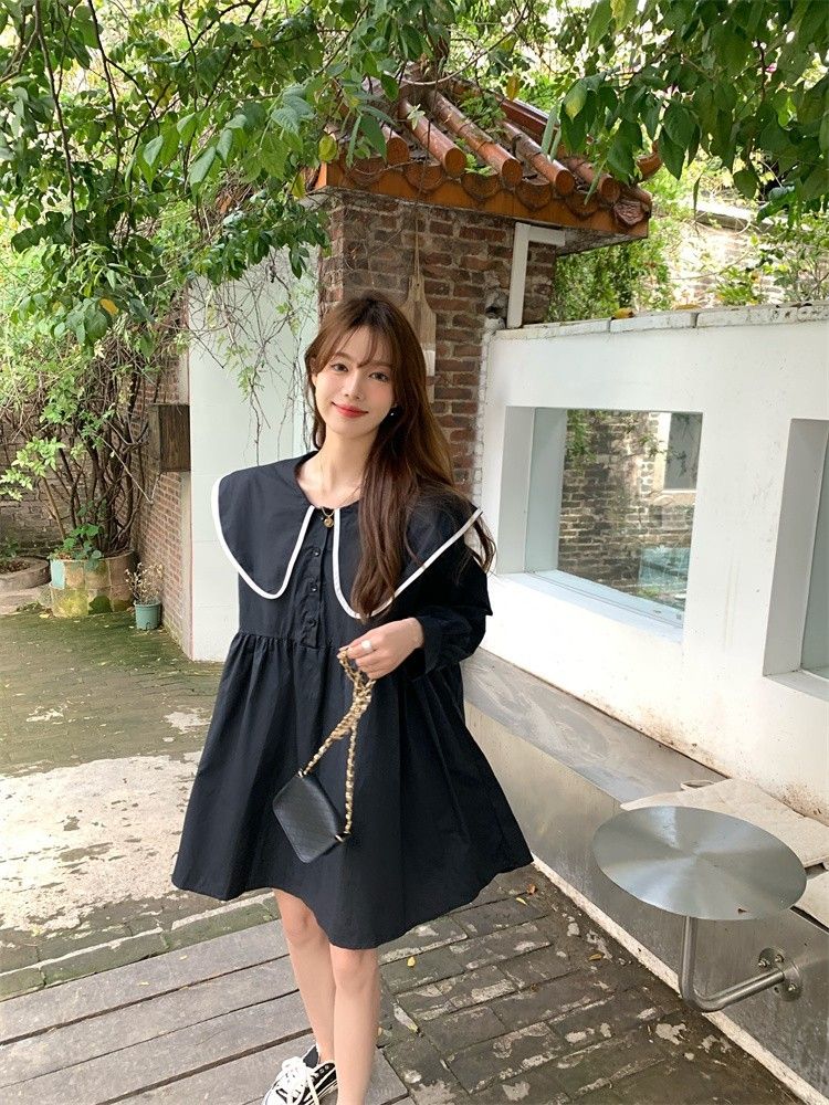 blue dress for baby girl Harajuku Kawaii Fashion Korean Style Lantern Sleeve Black Dress – The  Kawaii Factory main image 0
