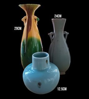 SALE!!! 3pcs Assorted Vases with Different Glaze - Awaji Drip Glazed Fluted Vase, Longquan Celadon Plum Vase, Ru Ware Faceted Flask Vase