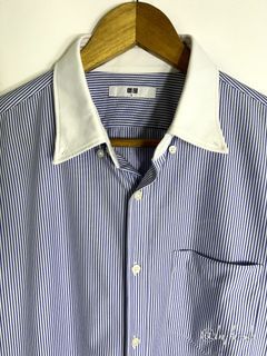 UNIQLO Blue White Stripes Polo Shortsleeves White Collar