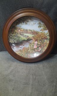 Wedgewood deco plate ceramic wooden frame 10" The Village Stream by Petula Stone England