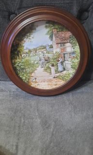 Wedgwood ceramic deco plate in wooden frame 10" Vintage "The Path to the Green" England