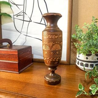 27cm Vintage hand carved two tone wood vase boho