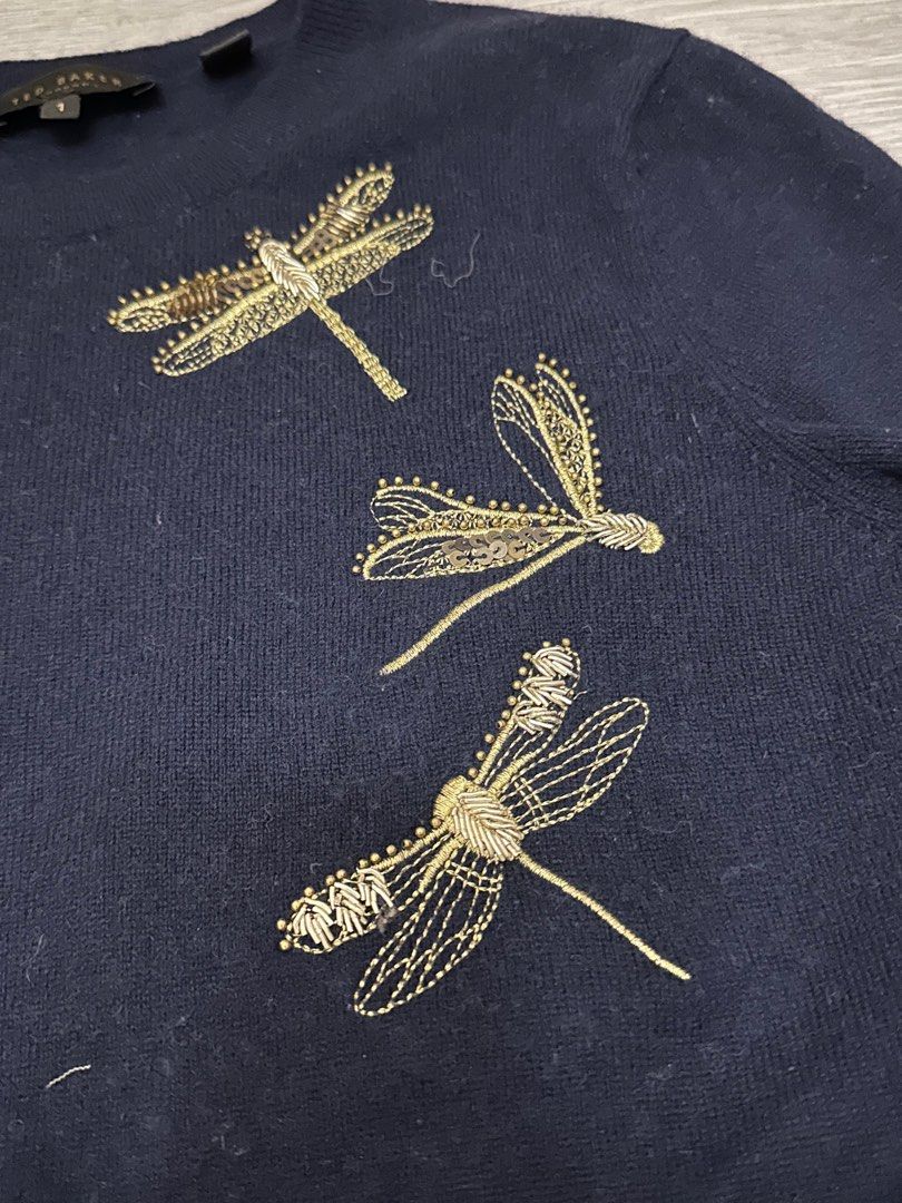 2800 Ted Baker Navy Embroidered Gold Dragonfly Sweater Top 1 XS S