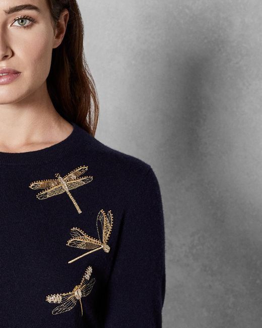 2800 Ted Baker Navy Embroidered Gold Dragonfly Sweater Top 1 XS S