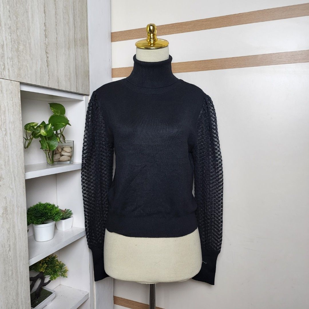 6180 ZARA Black mesh sheer textured long sleeves ribbed