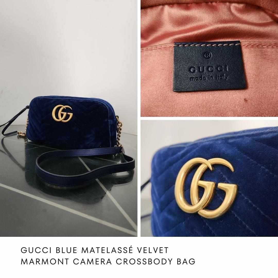 AUTHENTIC GUCCI BLUE MATELASSE VELVET MARMONT CAMERA CROSSBODY BAG