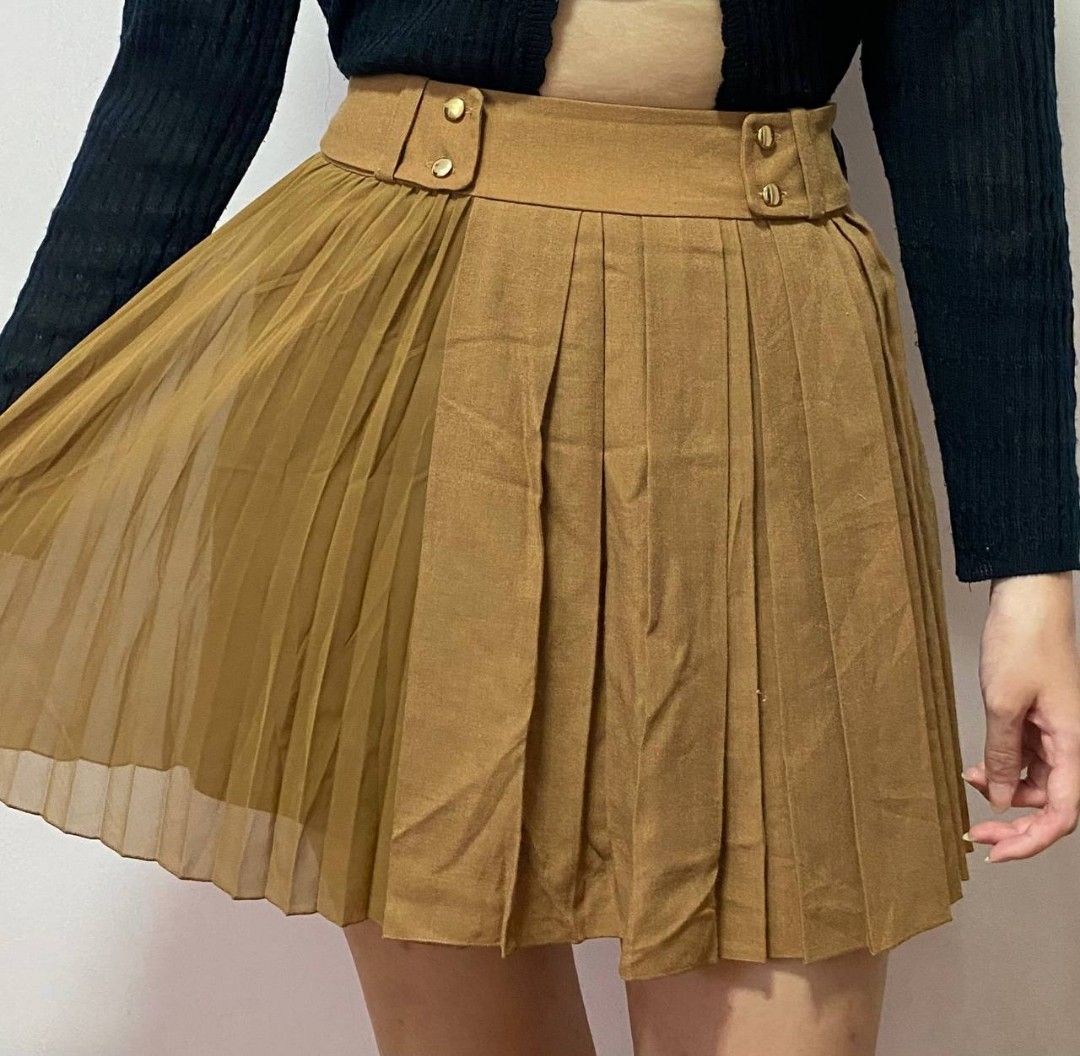 Gold brown pleated skirt best sale