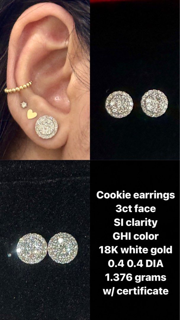 Cookie Diamond Earrings (Category: Earrings) located in Manila. Submitted by randomxdump (Listing ID 1308470411, Image 3). Description: Cookie earrings 3ct face SI clarity GHI color 18K white gold 0.4 0.4 DIA 1.376 grams With Certificate RFS: Upgrade SF not included Payment thru BPI only.