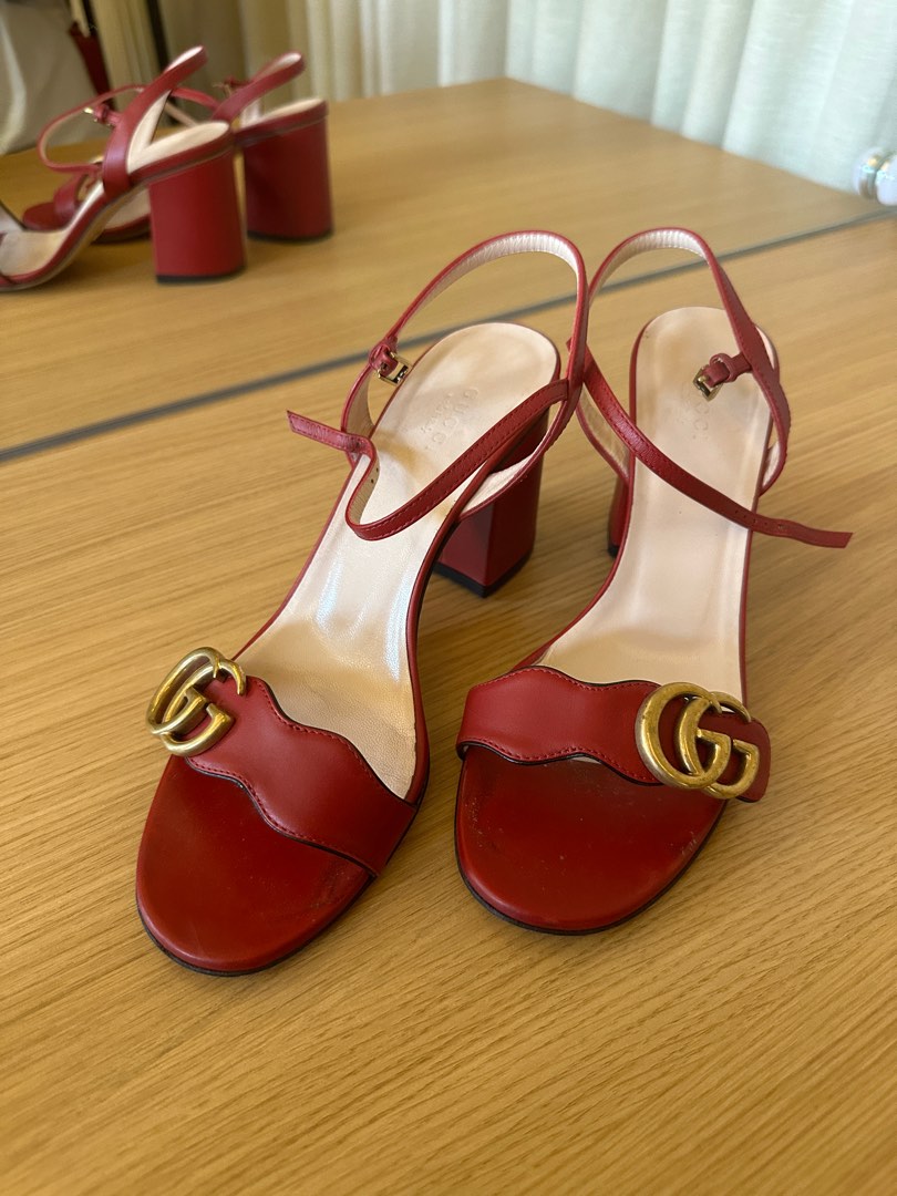 Gucci Lifford Calfskin GG Marmont Ankle Wrap 75mm Sandals Hibiscus Red Women s Fashion Footwear Sandals on Carousell