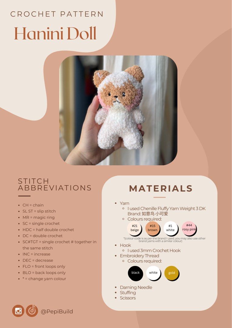 Hanini Doll Crochet Pattern (PDF) (Category: Handmade Craft) located in Singapore. Submitted by pepibuild (Listing ID 1308438439, Image 2). Description: DESCRIPTION This is a crochet amigurumi pattern for Hanini Doll, the doll created by LINE for the kpop group Zerobaseone’s member Zhang Hao. The pattern includes detailed steps required for making Hanini in the form of a PDF. There is embroidery included for the eyes, nose, mouth and letters. Emb