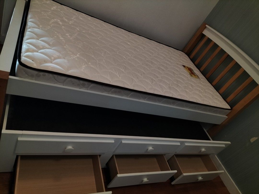 Harvey Norman super single bed with pull out & storage, Furniture