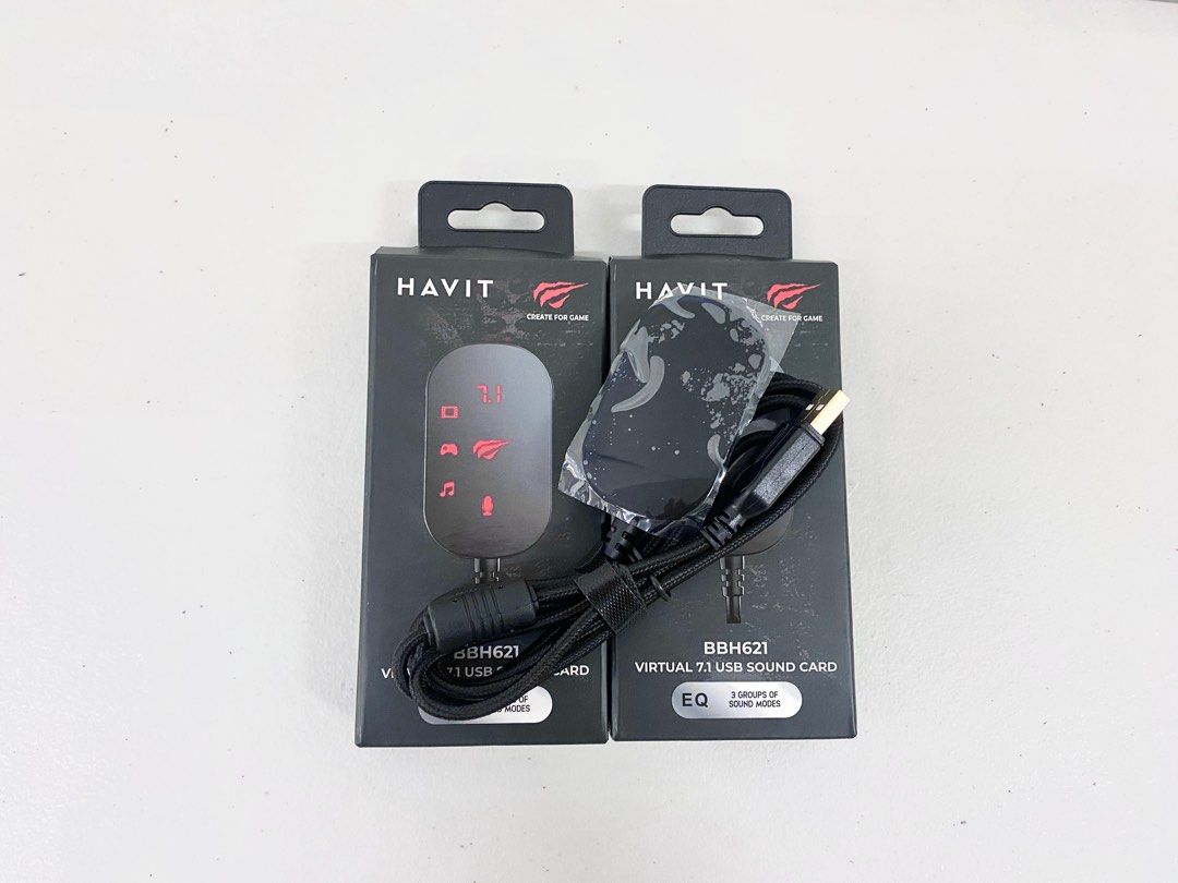 Havit Exalt BBH621- Virtual 7.1 USB Sound Card (Category: Other Audio Equipment) located in Manila. Submitted by reysyzz (Listing ID 1308466151, Image 2). Description: Havit Exalt BBH621- Virtual 7.1 USB Sound Card Condition: Brand New Color/s: Black Specifications: * Interface Type: USB * Size: 66*39*16mm * Key number: 6 * Operating Voltage: 5V * Operating Current: ≤100mA * Cable Length: 1.7m±5cm * Multi-function buttons includes: EQ, 7.1 key, m