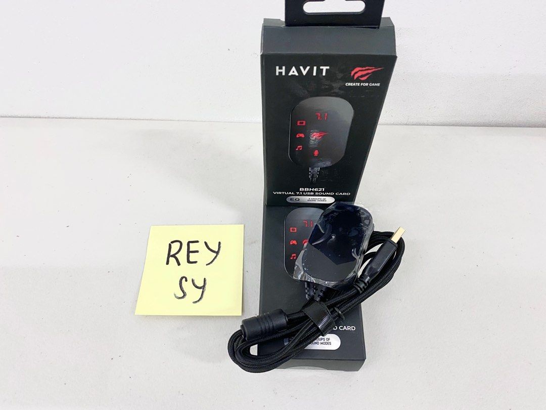 Havit Exalt BBH621- Virtual 7.1 USB Sound Card (Category: Other Audio Equipment) located in Manila. Submitted by reysyzz (Listing ID 1308466151, Image 1). Description: Havit Exalt BBH621- Virtual 7.1 USB Sound Card Condition: Brand New Color/s: Black Specifications: * Interface Type: USB * Size: 66*39*16mm * Key number: 6 * Operating Voltage: 5V * Operating Current: ≤100mA * Cable Length: 1.7m±5cm * Multi-function buttons includes: EQ, 7.1 key, m