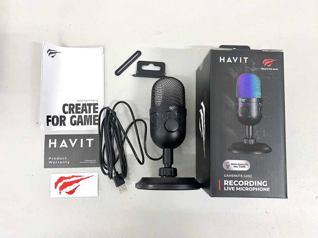 Havit Nebula GK52- Recording Live Microphone (Category: Microphones) located in Manila. Submitted by reysyzz (Listing ID 1308468735, Image 3). Description: Havit Nebula GK52- Recording Live Microphone Condition: Brand New Color/s: Black Specifications: * Colors: Black and White * Gaming MIC, RGB luminous body, button mute key * Directivity: Cardioid * Microphone specification: Ø14*6mm±0.2mm * Sensitivity: -33±2dB * Frequency response: 100Hz-18000