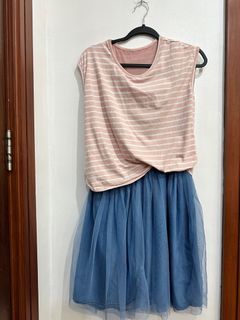 Korean fashion pink stripe blue tulle skirt dress
