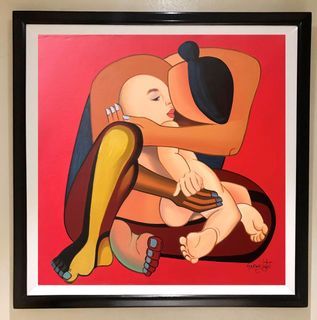 MOTHER AND CHILD RED 35x35 inches OIL ON CANVAS Painting with Wood Frame, Ready to Hang