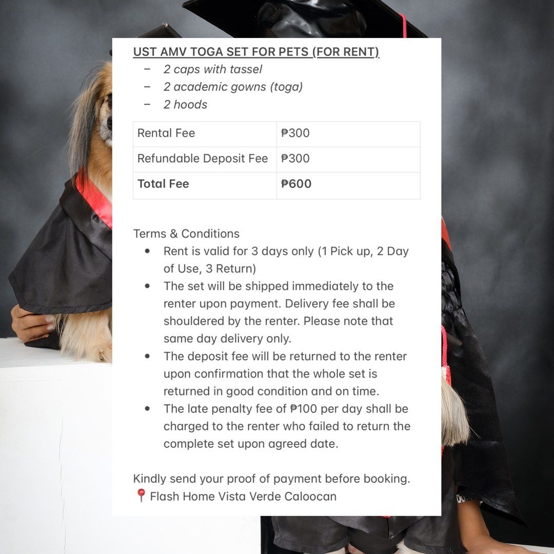 PET UST AMV TOGA SET FOR RENT (Category: Homes & Other Pet Accessories) located in Caloocan City. Submitted by gouhldgalliguez (Listing ID 1308435677, Image 3). Description: .