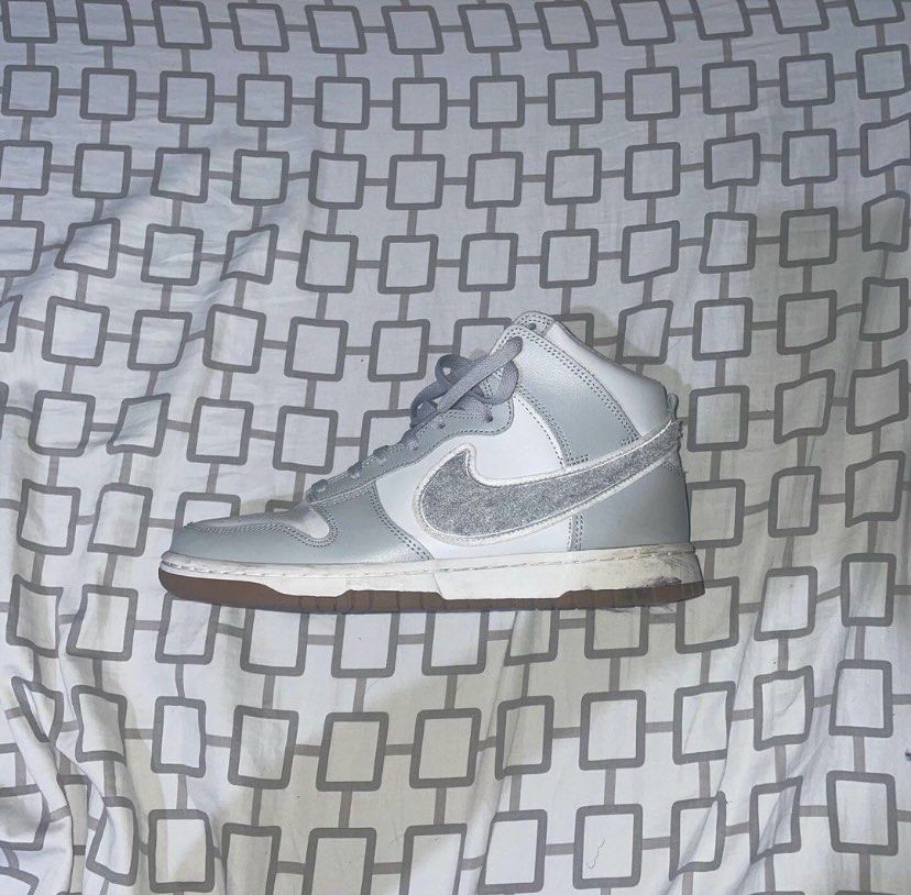 RUSH!! Nike Dunk Light Smoke Gray (Category: Sneakers) located in Quezon City. Submitted by geebui (Listing ID 1308373943, Image 3). Description: Nike Dunk High Chenille Swoosh Light Smoke Gray colorway Size: 9 US Condition: 9.5/10 Like New LEGIT 💯 used less than 10 times Bought for SRP $110 RFS: Too many shoes.