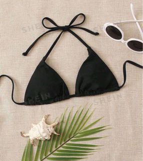 SHEIN Swim Summer Beach Halter Triangle Bikini Top Black