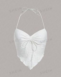 SHEIN WYWH Summer Going Out Eyelet Embroidery Tie Backless Hanky Hem Folds Halter White Top