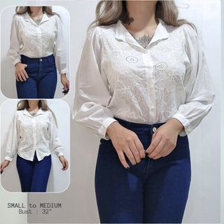 White Eyelet embroidery lace longsleeves buttondown polo blouse