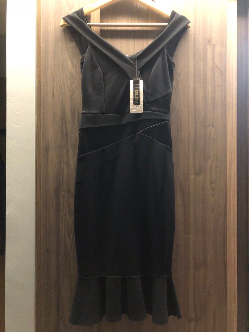 BNWT Sz UK 6 Lipsy ASOS petite black off shoulder satin panel flute hem midi dress