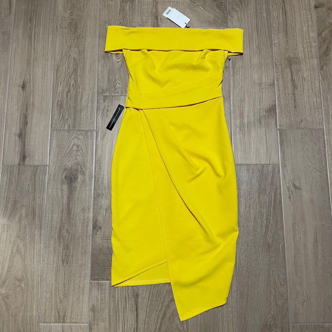 BNWT Sz UK 6 Lipsy ASOS yellow Bardot off shoulder wrap midi dress