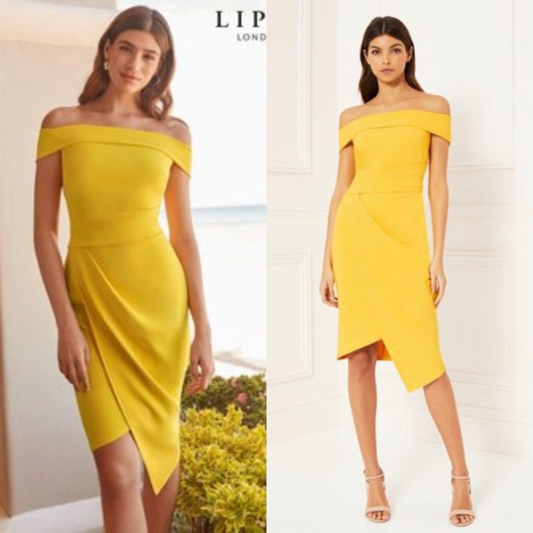 BNWT Sz UK 6 Lipsy ASOS yellow Bardot off shoulder wrap midi dress