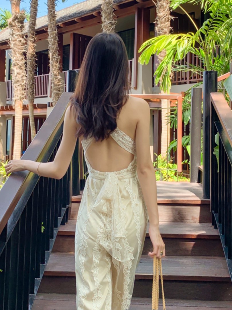 Cream Lace Jumpsuit Women s Fashion Dresses Sets Jumpsuits on Carousell