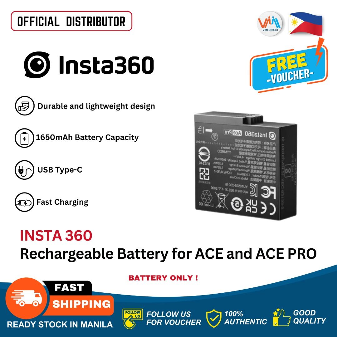 INSTA360 Rechargeable/Replacement Battery for ACE and ACE PRO Action Camera VMI DIRECT (Category: Camera Bags & Carriers) located in Manila. Submitted by vmidirect (Listing ID 1308547152, Image 1). Description: Product Description The Insta360 Ace Pro action camera has a 1650mAh battery. It can run for up to 100 minutes, even when shooting 4K30fps Active HDR video. The battery can be charged to 80% in 22 minutes and fully charged in 46 minutes Fe