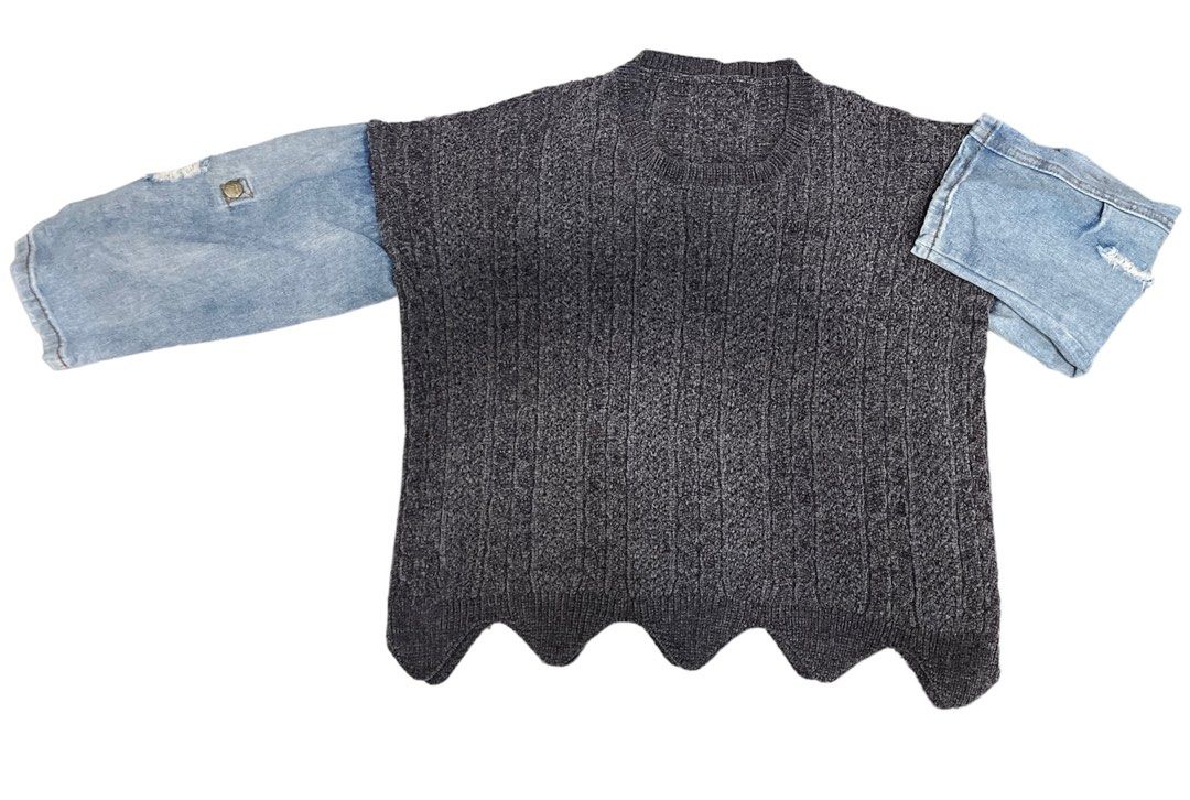 K-Style Grunge Denim Knitted Sweater (Category: Coats, Jackets and Outerwear) located in Pulilan. Submitted by __ri__ (Listing ID 1308620718, Image 1). Description: Fits to XS-S Note: The darks spots you see on first photo is just my shadow. Refer to the 2nd photo for the accurate color. Thank you..