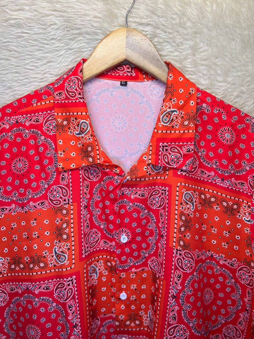 Paisley Polo Red Orange Bandana Polo shortsleeves polyester XL on tag fit to Large Men s Fashion Tops Sets Tshirts Polo Shirts on Carousell