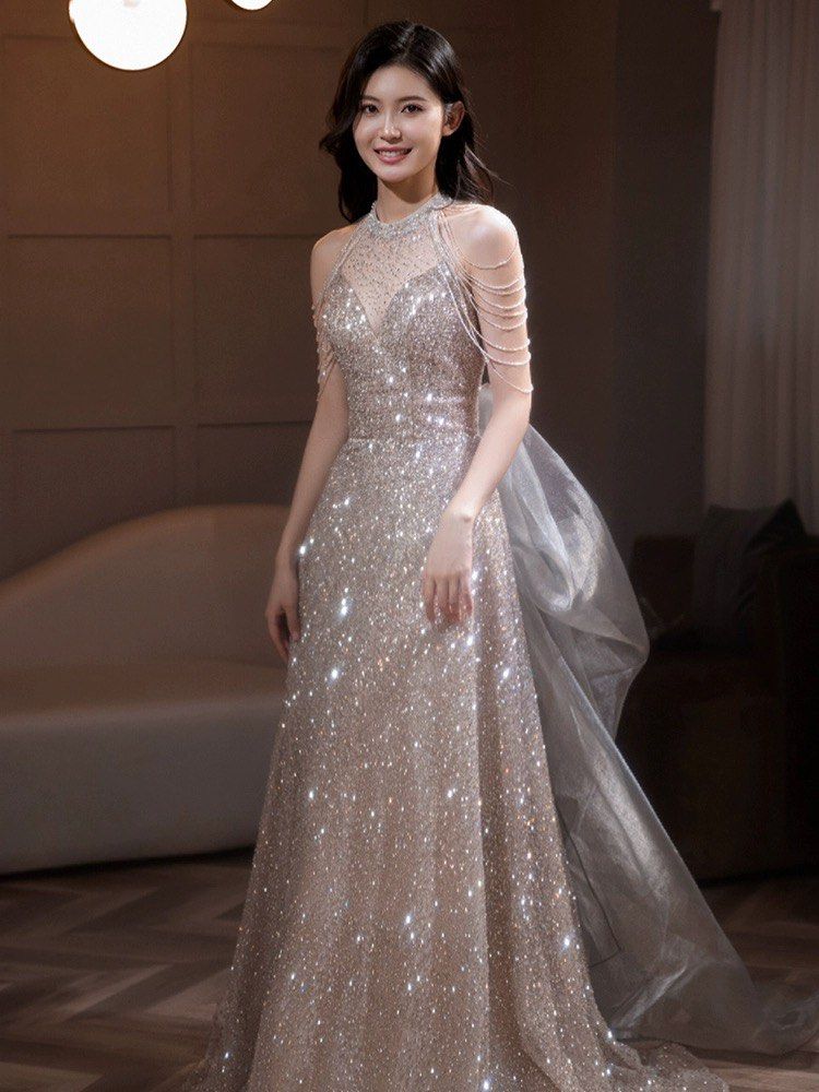PO Silver champagne gold sparkly glittery high neck design dress gown Birthday tea party prom graduation celebration special occasion dnd gala dinner evening awards ceremony red carpet event formal ph...