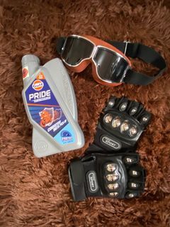 riding gloves, goggles, oil