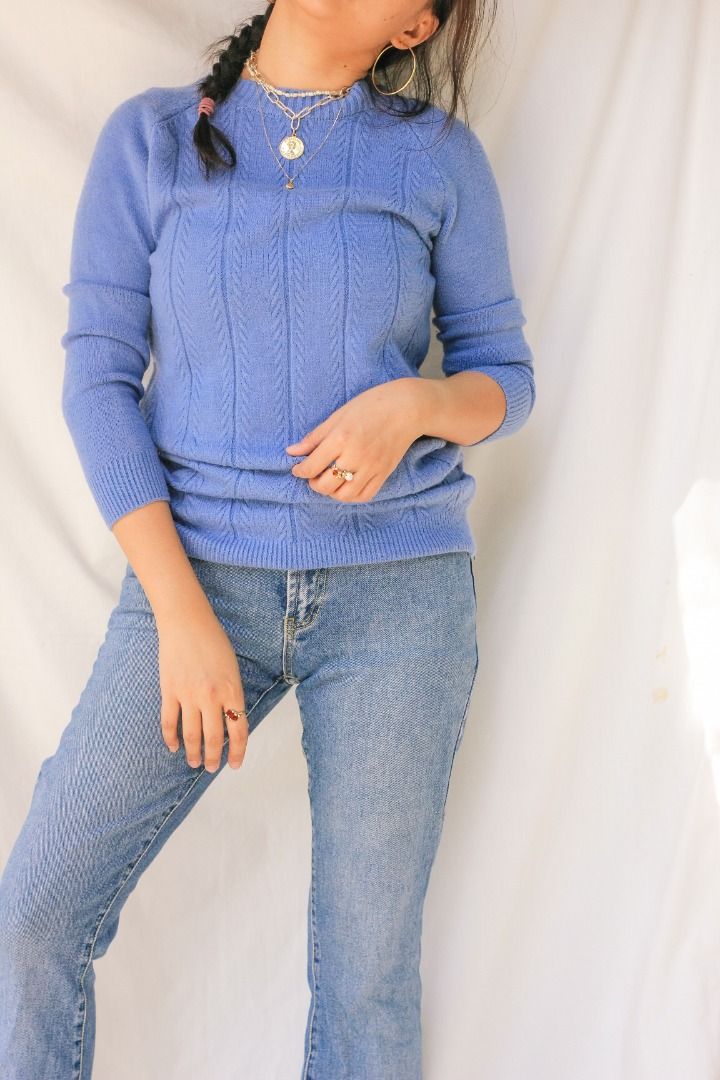 Royal Blue Knitted Comfy Sweater Top (Category: Others Tops) located in Manila. Submitted by teeforel (Listing ID 1308561217, Image 3). Description: Royal Blue Knitted Sweater Top. Still in very good condition. Size: S-M Shoulder = 16 inches Chest (Armpit to Armpit) = 16 inches Waist = 16 inches Length = 28 inches Model size is S-M. Height 5'3 No meet-ups. Shipping fee by location. Flat rate PHP 100 Luzon / Manila. No same-day shipping. Items com