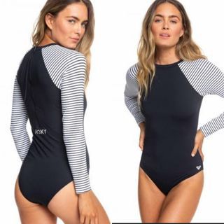 (S) ROXY Marina Stripe Back Zip Long Sleeve One Piece Rashguard Swimsuit / Swimwear
