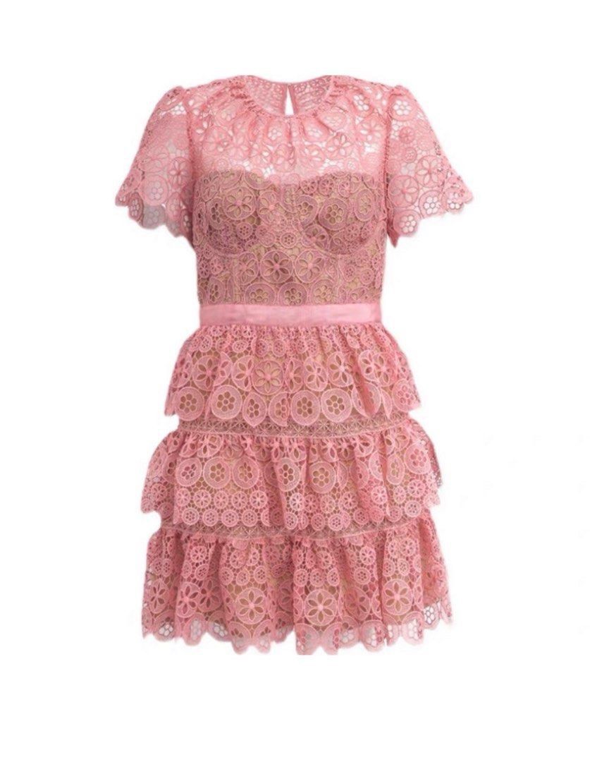 self portrait pink tiered lace mini dress self-portrait - Pink Lace Flared Mini Dress