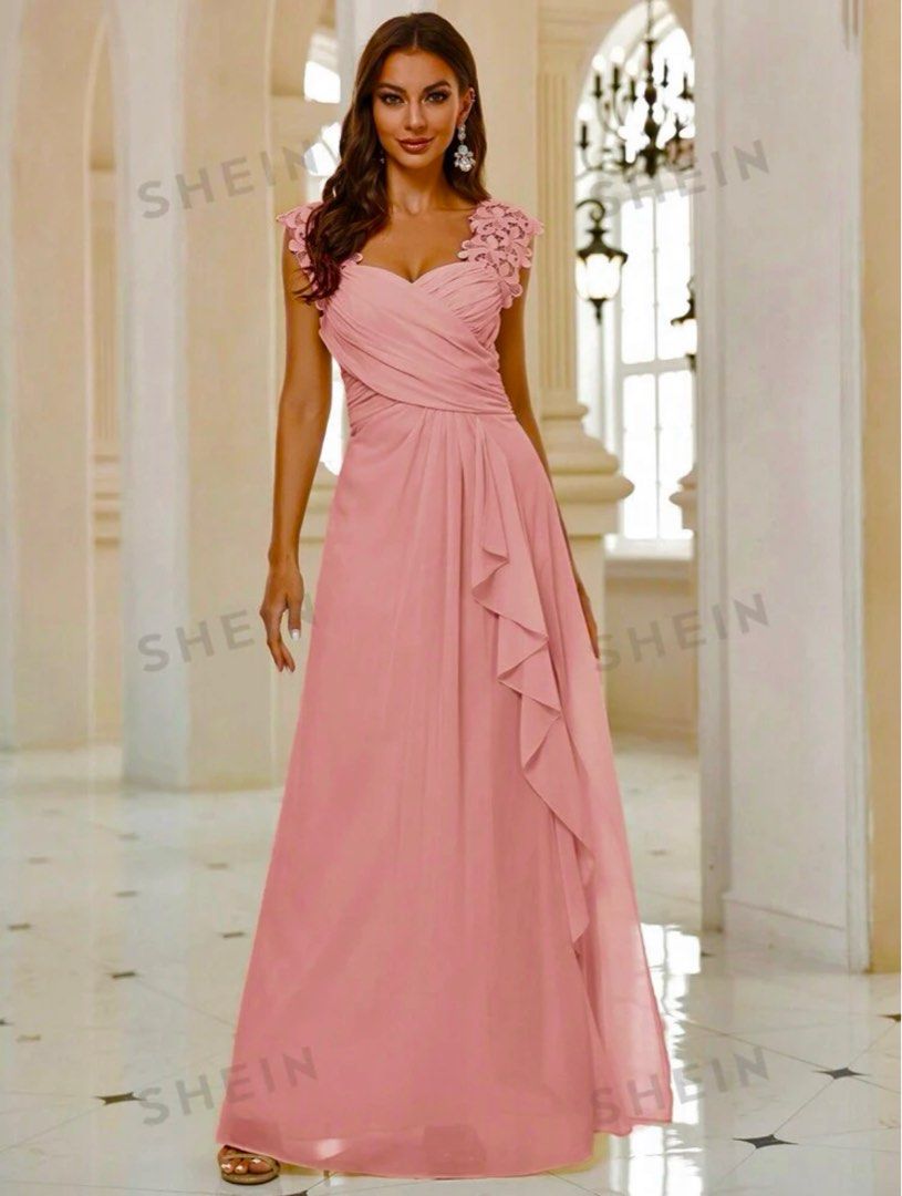 SHEIN Belle Contrast Lace Ruffle Trim Draped Formal Dress in Pink XS Women s Fashion Dresses Sets Evening dresses gowns on Carousell