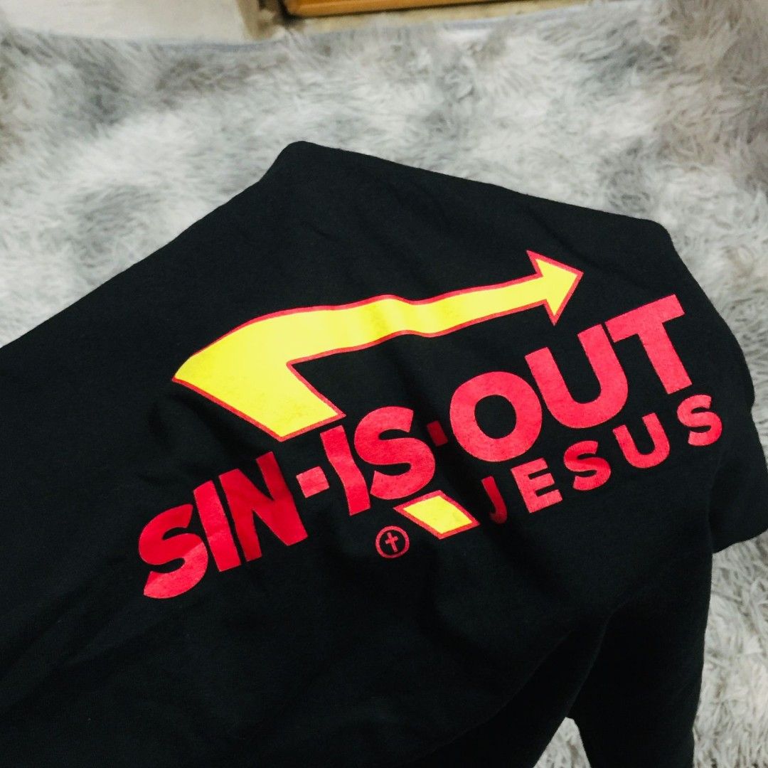 Sin Is Out Jesus Tee (Category: Tshirts & Polo Shirts ) located in Manila. Submitted by kenthrift2000 (Listing ID 1308602002, Image 2). Description: Sin is Out Jesus Statement Tee Dimensions 20x27 Medium on tag Freeship.