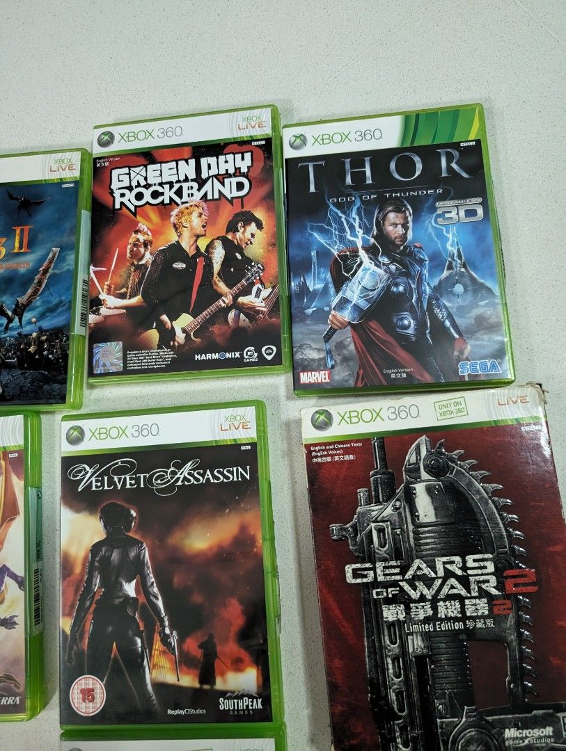 Xbox 360 Games gears of war limited edition tenchu z velvet assassin Spyro  dawn of dragon greed day rockband ninety nine night N II N 3 II 2 Thor god  of thunder,