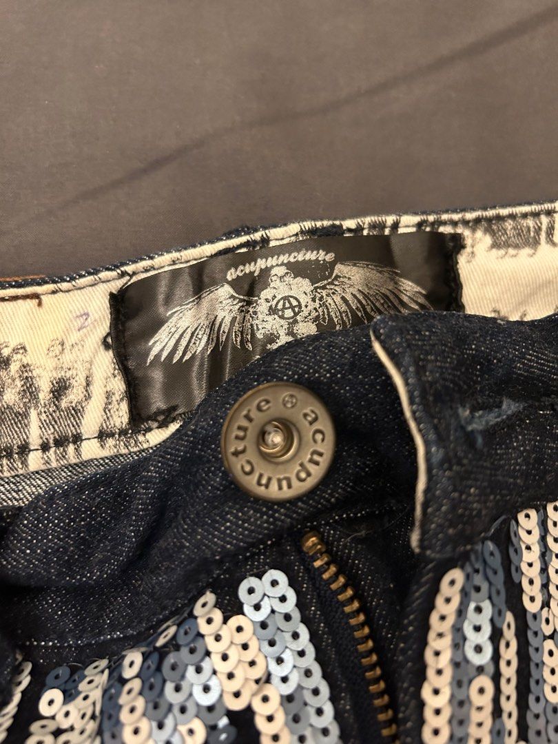 Acupuncture Denim Squined Mini Skirt (Category: Skirts) located in Pasig City. Submitted by shopsmart.mnl (Listing ID 1308824652, Image 2). Description: Used once Most of my listings are pasalubong Fits 26” .
