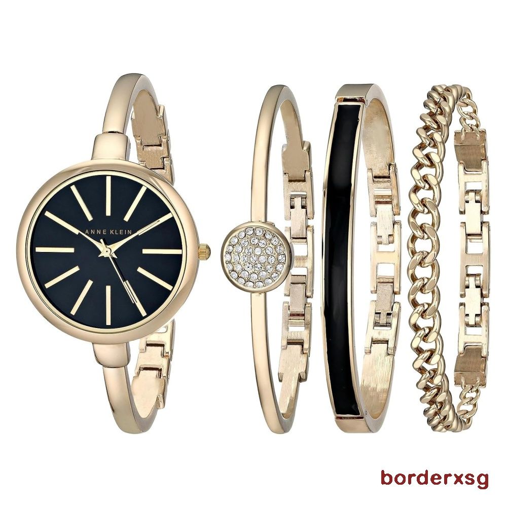 Anne Klein Women s AK 1470 Bangle Watch and Bracelet Set Gold Black Women s Fashion Jewelry Organisers Bracelets on Carousell