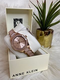 🇺🇸ANNE KLEIN WOMENS ROSE GOLT-TONE AND LIGHT PINK RESIN BRACELET WATCH