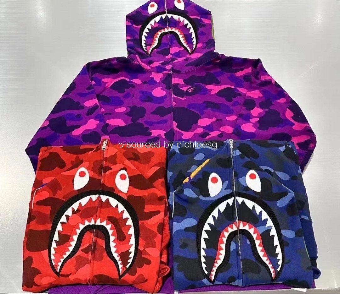 Bape color camo detachable shark full zip hoodie purple cheap