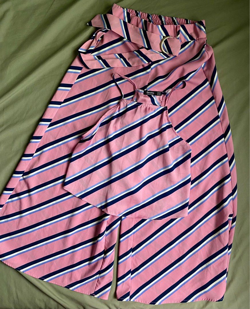 Bershka satin silk coordinates (Category: Sets or Coordinates) located in Bauang. Submitted by bellefiori (Listing ID 1308753950, Image 1). Description: used once top xs pants small (garterized and belted) fits 24-28 waist Length is 36 inches so pretty when worn.