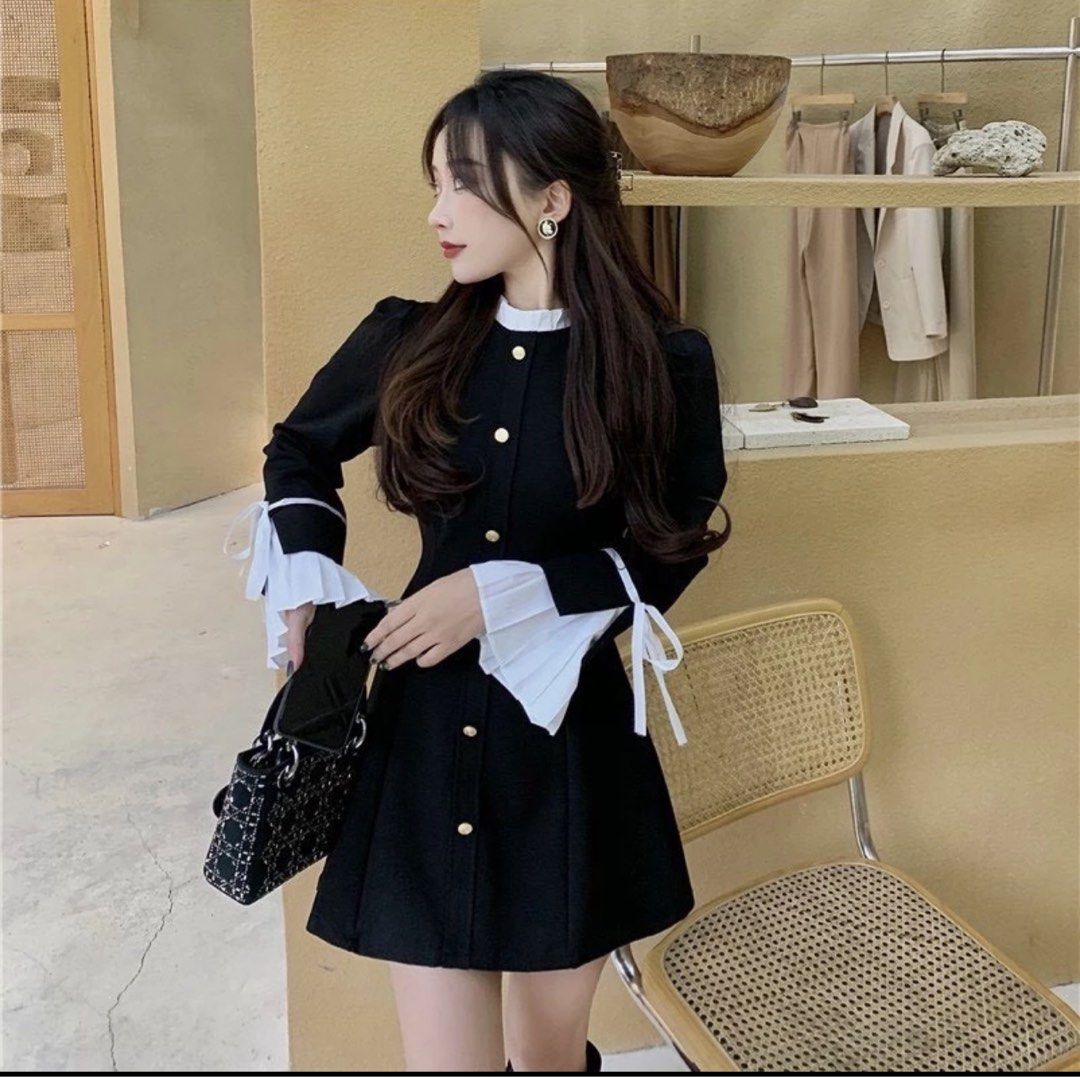 Black office Babydoll Dress long sleeve pleated cute aesthetic