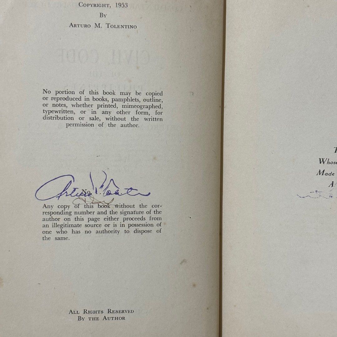 Civil Code of the Philippines by Arturo Tolentino. Signed. Copyright ...