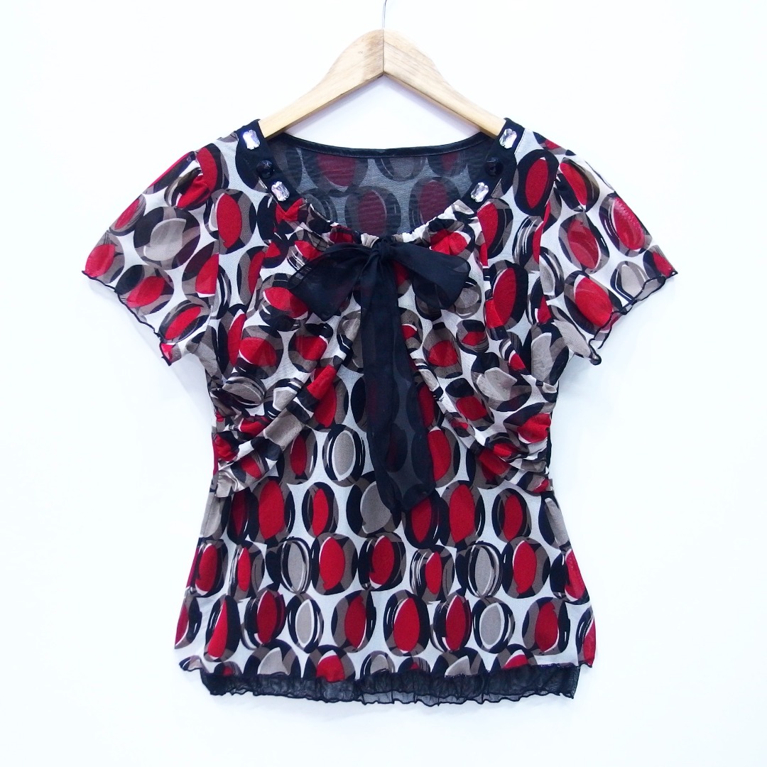 EF271 SIZE M BLOUSE POLKADOT RED BLACK FASHION WOMAN IMPORT REALPIC Fesyen Wanita Pakaian Wanita Atasan di Carousell